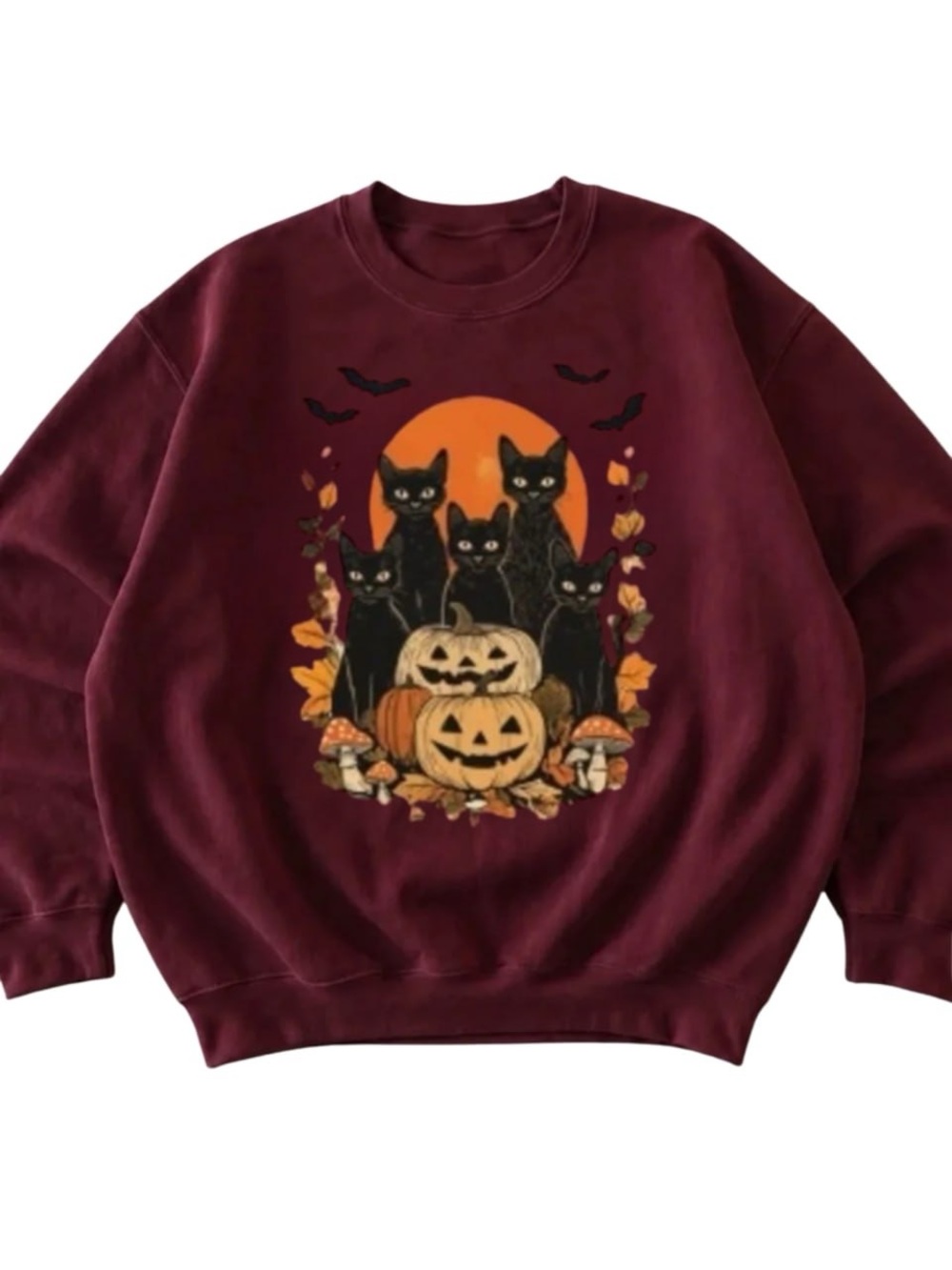 Maroon Crewneck Sweatshirt with Black Cats & Orange Pumpkin Graphic